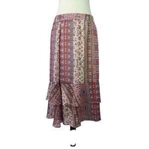 Loft Tan Orange Pink Brown Tiered Ruffle BOHO Maxi Skirt NEW Large